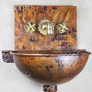 Wall Mounted Copper Bathroom Sink, Rustic Hung Basin With Engraved Brass Faucet
