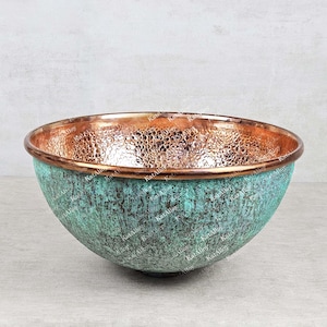 Green Patina Bowl Sink, Oxidized Copper Sink Bathroom, Round Verdigris Copper Bathroom Sink, Hammered Copper Interior Washing Basin