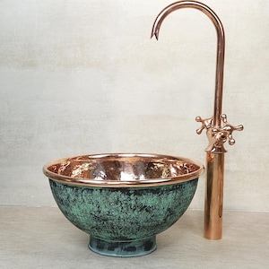 Hand Engraved Green Patina Copper Vessel Sink with Faucet