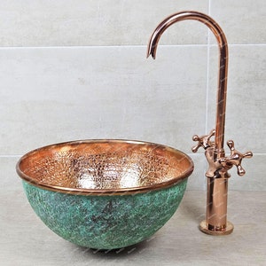 Oxidized Copper Sink Bathroom, Green Patina Bowl Sink, Round Verdigris Copper Bathroom Sink, Hammered Copper Interior Washing Basin