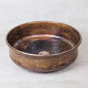 Rustic Copper Bathroom Vessel Sink, Dark Copper Vessel Sink, Round Copper Wash Basin, Patina Copper Vessel Sink
