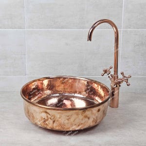 Solid Copper Bathroom Vessel Sink, Hammered Copper Vessel Sink, Round Copper Bathroom Sink, Hammered Copper Interior Washing Basin