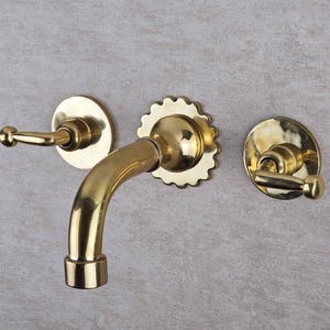 Unlacquered Brass Bathroom Sink Faucet, Wall Mount Brass Bath Faucet with Lever Handles, Solid Bath Faucet for Wall Mount