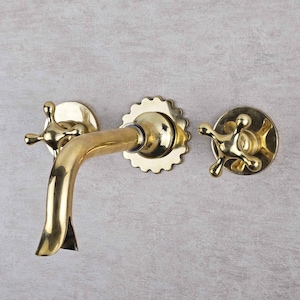 Unlacquered Brass Bathroom Sink Faucet, Wall Mount Brass Bath Faucet with Cross Handles