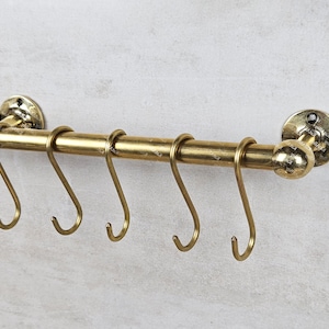 Brass Pot Rack with Hooks, Unlacquered Brass Pot and Pat Rail, Wall Mounted Brass Pot and Pan Hanging Rack with Hooks