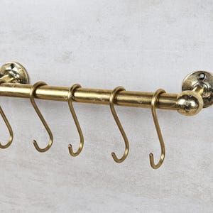 Wall Mounted Brass Pot Rack with Hooks, Solid Brass Pot and Pan Hanging Rack with Hooks, Unlacquered Brass Pot and Pat Rail,