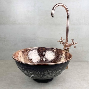 Copper Bowl Sink, Copper Bath Vessel Sink, Copper Vessel Sink, Hand Engraved Brass Sink, Round Copper Sink, Handmade Copper Bowl Sink
