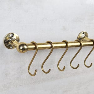 Brass Pot Rack with Hooks, Solid Wall Mounted Brass Pot and Pan Hanging Rack with Hooks, Unlacquered Brass Pot and Pat Rail,