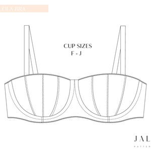 May include: Line drawing of a bra with adjustable straps. The bra design features a structured bust with multiple panels and a scalloped edge. Text at the top reads "LOLA BRA" and "CUP SIZES F-J". The brand name "JALUNE PATTERNDESIGN" is at the bottom.