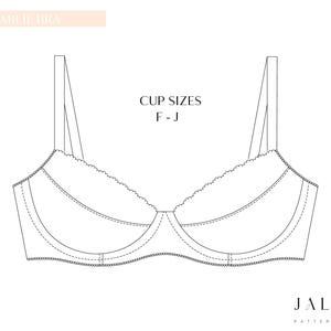 May include: Line drawing of a bra with adjustable straps. The bra design features a scalloped edge along the top of the cups. Text on the image reads "EMILIE BRA" and "CUP SIZES F-J". The brand name "JALUNE PATTERNDESIGN" is also visible.