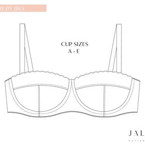 Può includere: Disegno a tratto di un reggiseno con il testo "RUBY BRA" e "TAGLIE DI COPPA A-E". Il reggiseno ha spalline regolabili e un bordo smerlato nella parte superiore. Il marchio "JALUNE PATTERNDESIGN" è in basso.