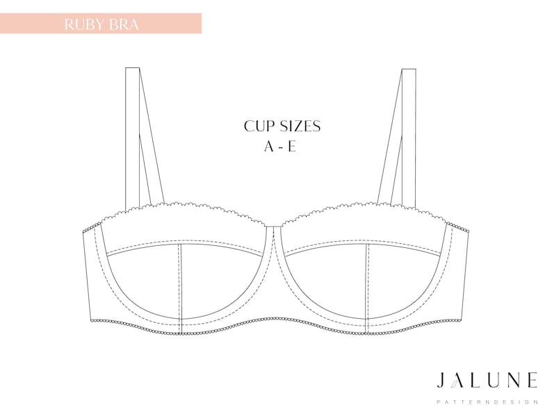 Puede incluir: Dibujo lineal de un sujetador con el texto "RUBY BRA" y "TALLAS DE COPA A-E". El sujetador tiene tirantes ajustables y un borde festoneado en la parte superior. La marca "JALUNE PATTERNDESIGN" est&aacute; en la parte inferior.