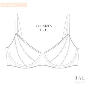 May include: Line drawing of a bra pattern labeled "Lexy Bra" with the text "Cup Sizes F-J." The bra design features a classic silhouette with adjustable straps and underwire support. The brand name "JALUNE PATTERNDESIGN" is at the bottom.