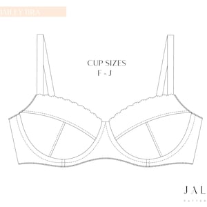 Pode incluir: Desenho linear de um sutiã branco com o texto "HAILEY BRA" no topo e "CUP SIZES F-J" no centro. O sutiã tem alças ajustáveis e uma borda ondulada. A marca "JALUNE PATTERNDESIGN" está na parte inferior.
