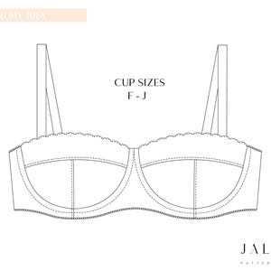 Könnte beinhalten: Strichzeichnung eines BHs mit verstellbaren Trägern und einem gewellten Rand. Der Text "RUBY BRA" befindet sich oben links und "CUP SIZES F-J" in der Mitte. Der Markenname "JALUNE PATTERNDESIGN" steht unten rechts.