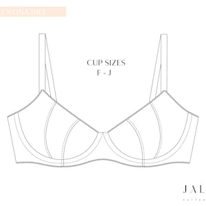 May include: Line drawing of a bra with the text "VALENTINA BRA" at the top left and "CUP SIZES F-J" in the center. The bra design is a classic style with adjustable straps and underwire support. The brand name "JALUNE PATTERNDESIGN" is at the bottom.