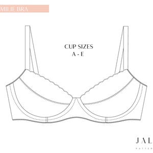 May include: Line drawing of an "Emilie Bra" with adjustable straps and a scalloped edge along the top of the cups. The text "CUP SIZES A-E" is centered above the bra. The Jalune Pattern Design logo is in the bottom right corner.