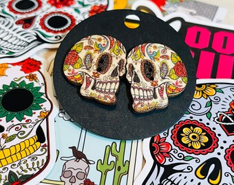 Dia de Los Muertos Earrings -Folksy Wooden button Skull Earrings