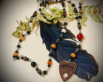 Ouija Planchette Rosary -Beaded Necklace with Skull Beads and Wood