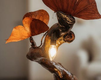 Driftwood Floor Lamp: Handcrafted Leather Butterflies, Oak Torchere