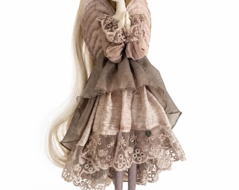 Muñeca de ángel hecha a mano: vestido de tela suave, cabello largo de 45 cm / Cara pintada / Escultura artística