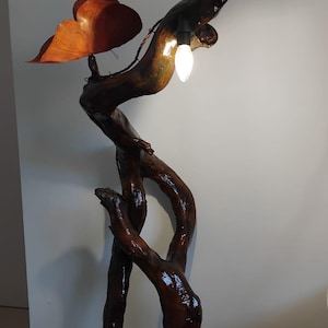 Driftwood Floor Lamp: Handcrafted Leather Butterflies, Oak Torchere