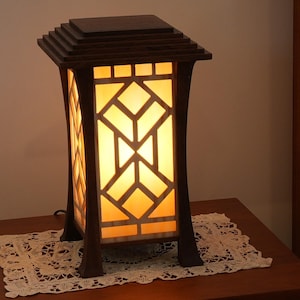 May include: A dark brown wooden lantern-style lamp with a geometric design on the front and sides. The lamp is lit from within, casting a warm, yellow glow. It sits on a wooden nightstand with a lace doily.