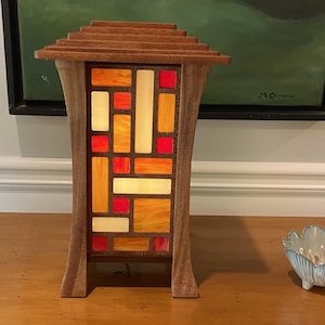 Handcrafted Stained Glass Lantern Lamp | Mahogany Wood, Geometric Panels, Accent Light