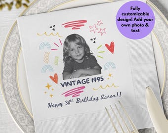 Custom Vintage Photo Napkins | Personalized Polaroid Style Party Napkins | Retro Birthday, 30th Birthday Party