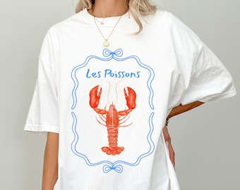 Lobster Graphic T-Shirt, French Coastal Distressed Tee, Oversized Coquette Aesthetic Shirt, Nautical Fisherman Style, Comfort Colors