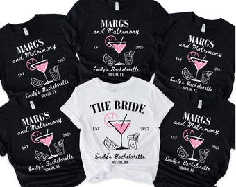 Margs und Matrimony T-Shirts, Bachelorette Party Merch, personalisierte Junggesellinnenabschieds-Shirts, Name und Ort mit individuellem Junggesellinnenabschied
