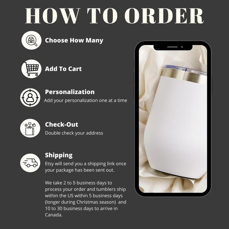May include: Image showing the steps on how to order a product. The steps include choosing the quantity, adding to cart, personalization, and checkout. A white tumbler with a silver rim is displayed on a phone screen.