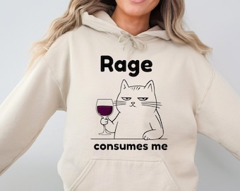 Camiseta "La ira me consume", camiseta de gato y vino, meme divertido y gracioso de gato, regalo para amantes de la naturaleza, camiseta retro divertida de gato, camiseta sarcástica, humor negro