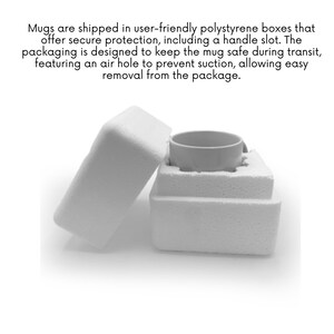 May include: White polystyrene box with a handle slot, designed to protect a mug during shipping. The box has an air hole to prevent suction.