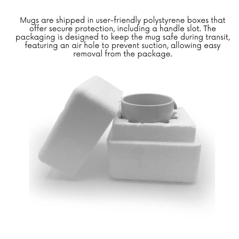 May include: White polystyrene box with a handle slot, designed to protect a mug during shipping. The box has an air hole to prevent suction.