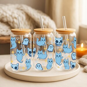 Spooky 16oz Glass Can Wrap Printable PNG - Ghost Cat - 9.75x5 Inch Sublimation Design