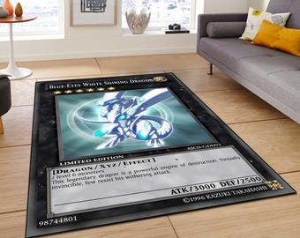 Blue-Eyes White Dragon Card Rug, Anime Gaming Carpet, Japanese Style Area Rug, Art Mat