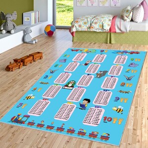 May include: A rectangular, light blue children's rug featuring multiplication tables with colorful illustrations of animals and a train. The rug is designed for educational purposes and is suitable for a child's bedroom or playroom.