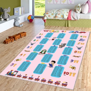 Puede incluir: Alfombra rosa para niños con tablas de multiplicar del 1 al 15, ilustrada con animales y un tren. Diseñada para fines educativos, es adecuada para un dormitorio infantil o sala de juegos. Mide aproximadamente 180 cm x 120 cm.