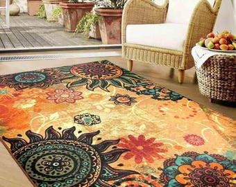 Cartoon Sunflower Rug: Orange Boho Living Room Decor
