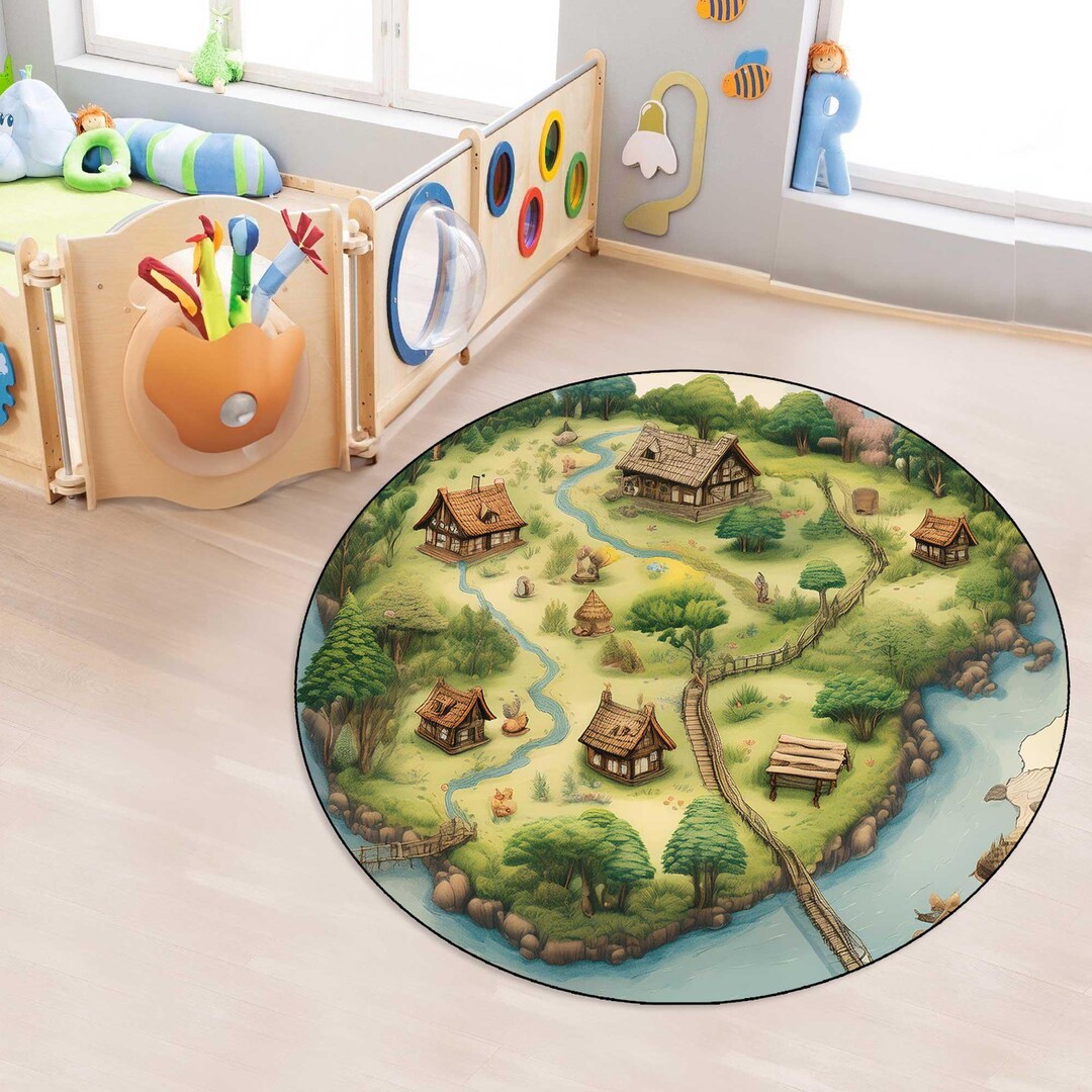 Village Map Kids Round Rug, Washable Playroom Carpet, Custom Nursery ...
