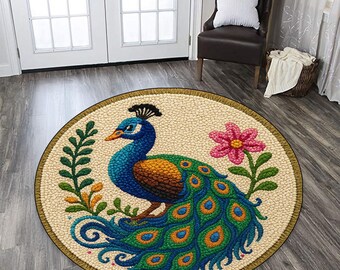 Peacock Feather Round Rug, Custom Animal Area Decor, Living Room Nursery Accent (Digital Printing)