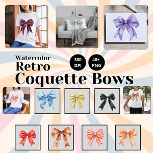 Watercolor Retro Style Coquette Bows PNG, Pastel Ribbon Clipart, Vintage Aesthetic Bow Collection, Soft Girl Digital Download for Crafts