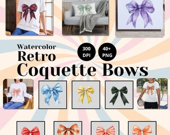 Watercolor Retro Style Coquette Bows PNG, Pastel Ribbon Clipart, Vintage Aesthetic Bow Collection, Soft Girl Digital Download for Crafts