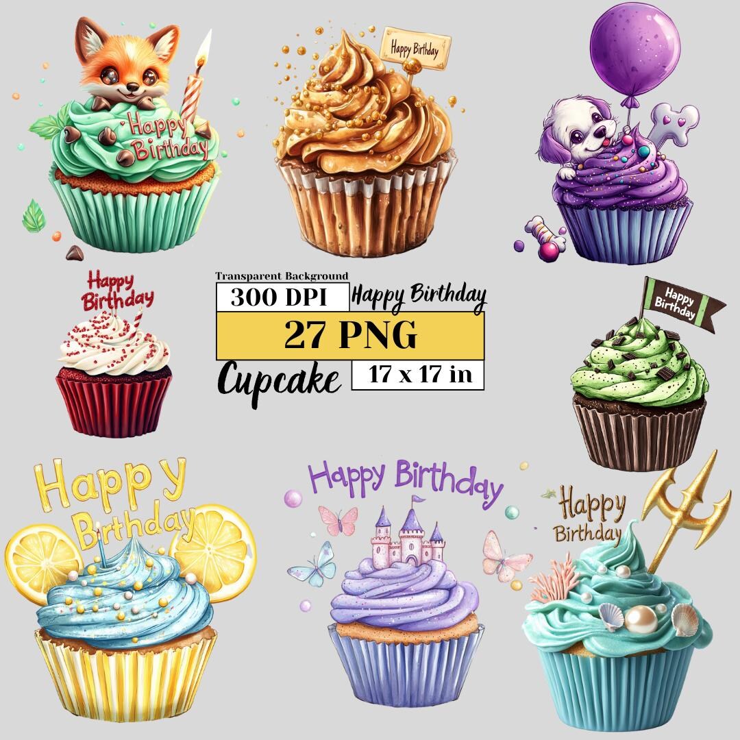 Watercolor Happy Birthday Cupcake Clipart Bundle High-quality Cute Pngs ...