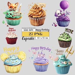 Watercolor Happy Birthday Cupcake Clipart Bundle High-Quality Cute PNGs for Birthday Cards, Party Invitations, Wall Art Commercial Use