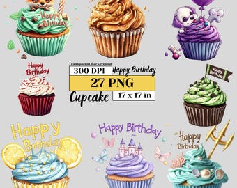 Aquarel gelukkige verjaardag cupcake clipartbundel hoogwaardige schattige png's voor verjaardagskaarten, feestuitnodigingen, kunst aan de muur commercieel gebruik