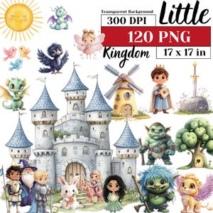 Pacote Reino Aquarela Princesa Bonita Príncipe Unicórnio Cavaleiros Dragões PNG Gráficos de Aniversário Infantil Castelo de Conto de Fadas Berçário Arte Artesanato Decoração