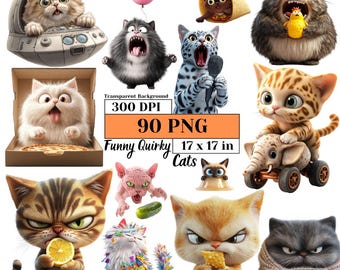 Funny Quirky Cat Clipart Bundle Grumpy Cat PNG Whimsical Cat Stickers Cute Elongated Cats Digital Download DIY Crafts Sublimation Art