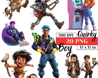 Puede incluir: Un conjunto de 20 ilustraciones digitales que presentan a chicos estrafalarios en varias poses y estilos. Las ilustraciones están en formato PNG y tienen un tamaño de 43 cm por 43 cm. Las ilustraciones incluyen un chico con un mohicano tocando una guitarra, un chico con cabello azul usando una chaqueta de cuero, un chico con un mono en su hombro, un chico con un dinosaurio, un chico con un lagarto verde, un chico con una mochila y un chico con un atuendo steampunk.